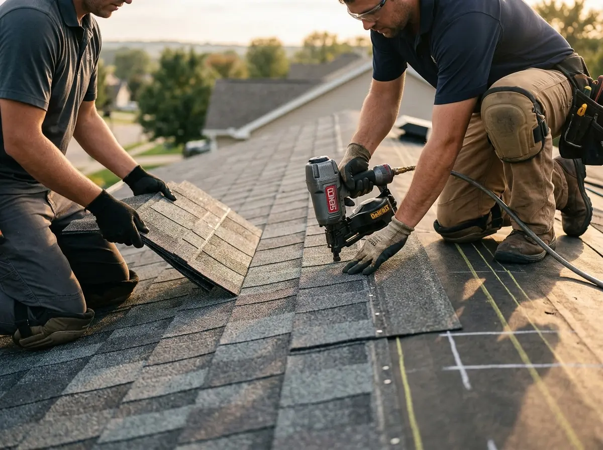 Professional roofer working on a residential roof in Castle Pines Village